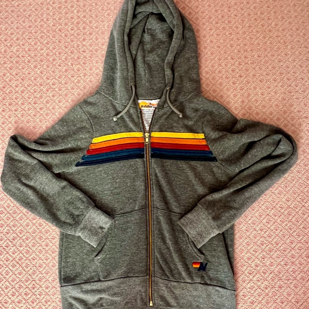 Aviator Nation Gray Hoodie with Rainbow Stripes